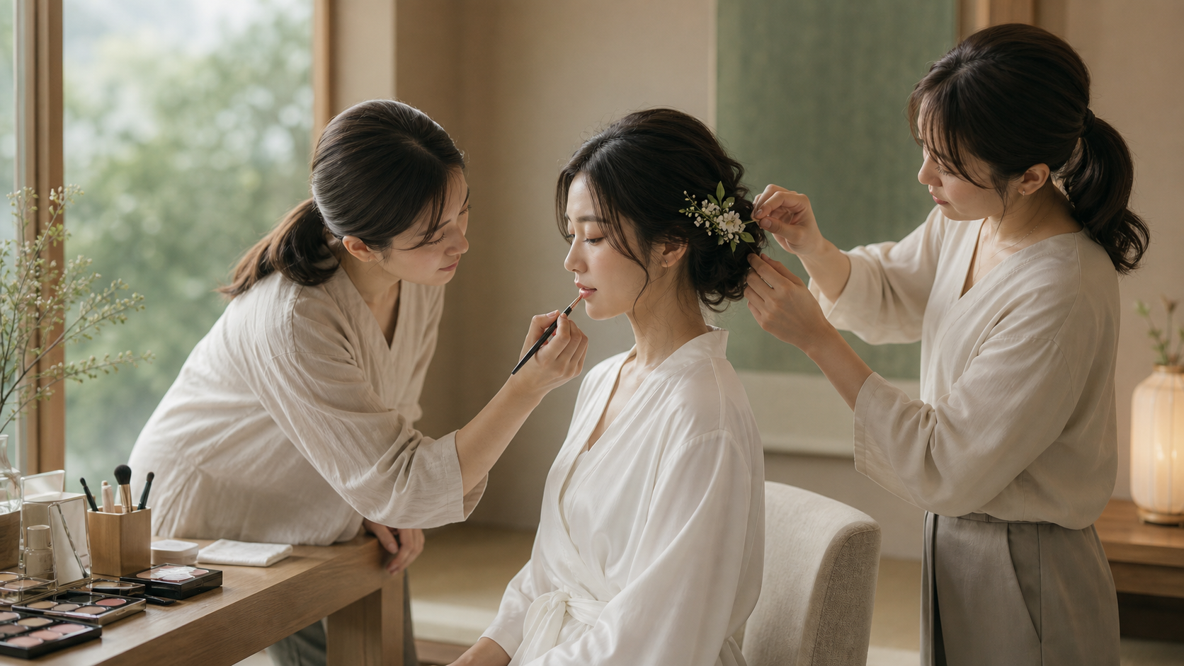 花嫁がヘアメイクを受ける支度の時間
